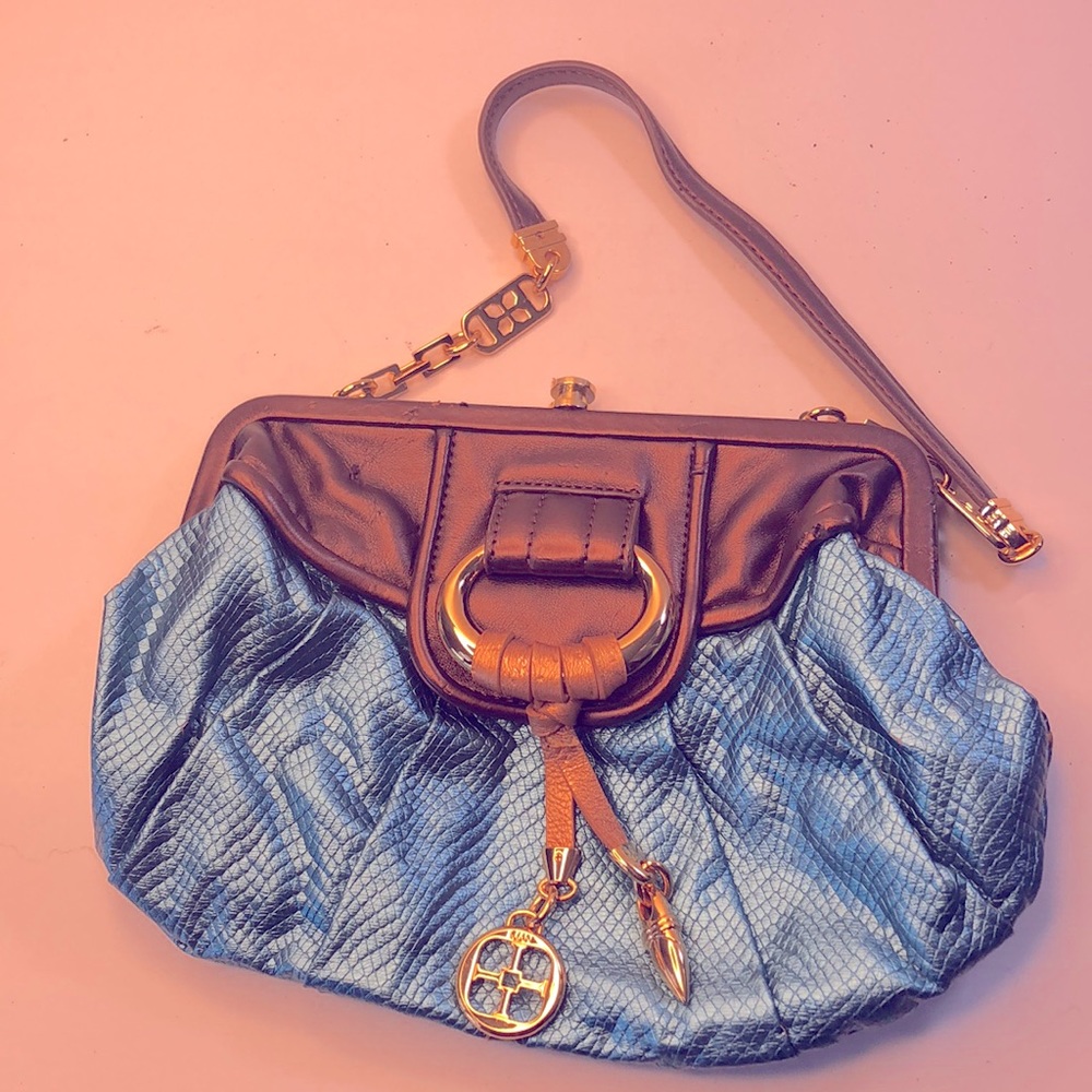 Iman Clutch light blue and brown purse~ worn